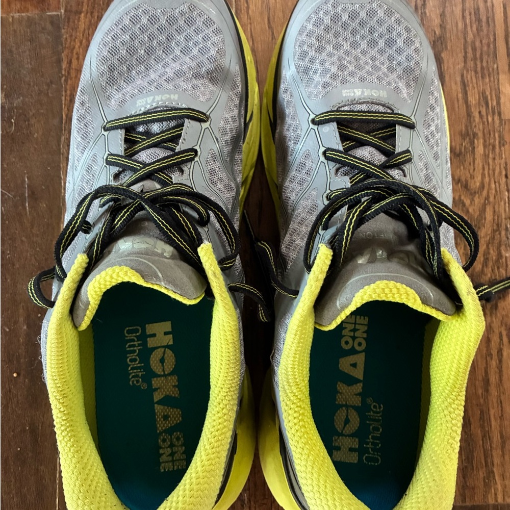 Hoka Gray and Yellow Athletic Shoes with Dynamic Design Barely Used - Picture 2 of 7